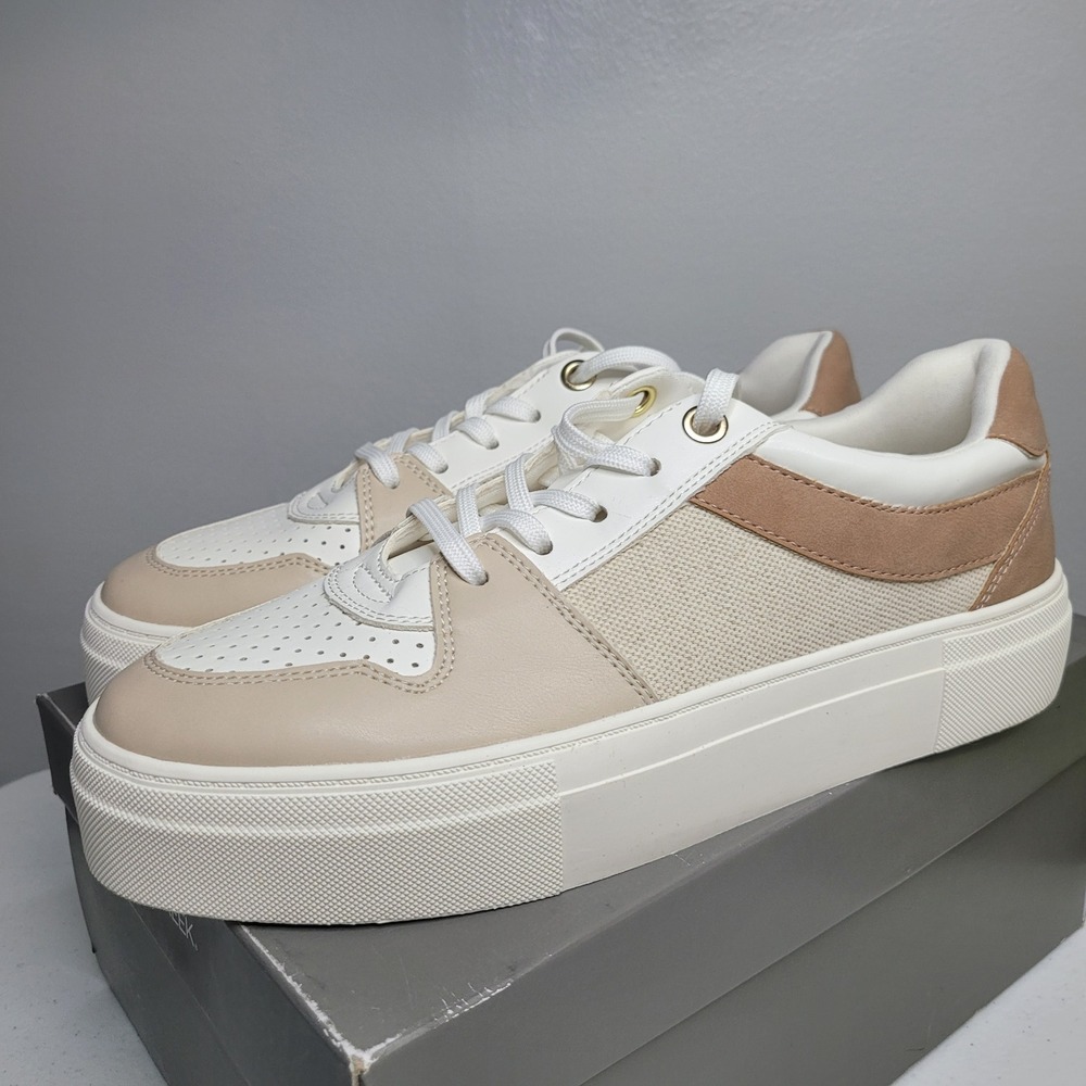 Falls Creek Lennon Platform Sneakers Womens Sz 10 White Tan Canvas Memory Foam